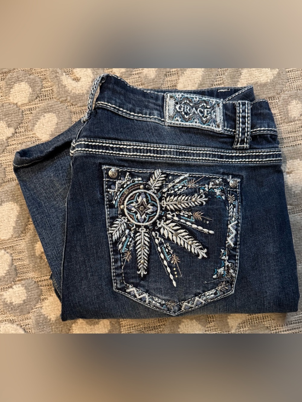 Grace in LA Dark Blue Embroidered Boot Cut Jeans
